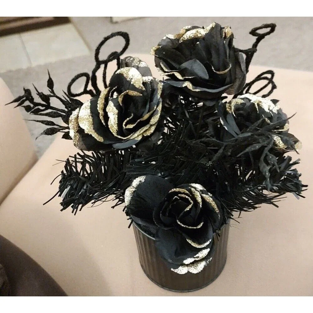Artificial Flower Bouquet Arrangement Corrugated Tin Vase Black Gold Gray Rose
